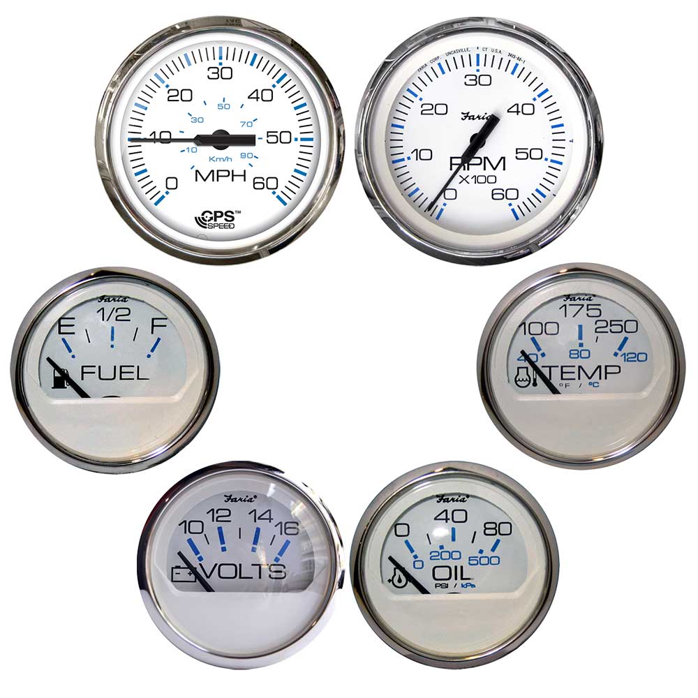 Faria Chesapeake White wStainless Steel Bezel Boxed Set of 6  Speed Tach Fuel Level Voltmeter Water Temperature  Oil PSI