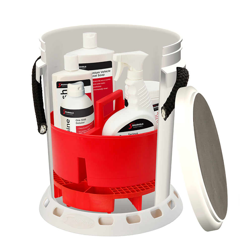Shurhold 5 Gallon White Bucket Kit  Includes Bucket Caddy Grate Seat Buff Magic Pro Polish Brite Wash SMC  Serious Shine